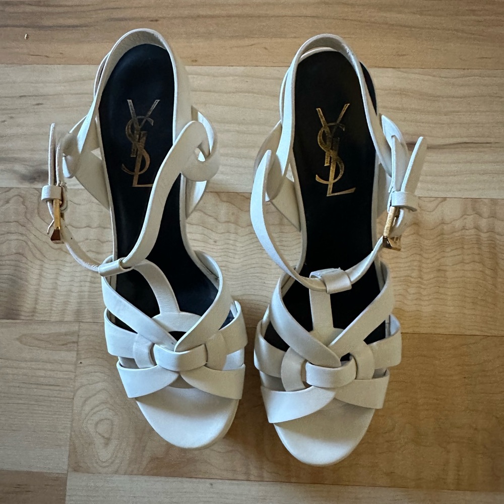 YSL WHITE TRIBUTE HEELS 75mm